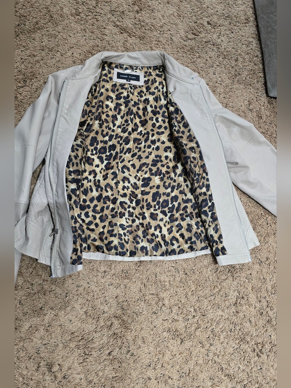 Black Rivet Light Gray Leather Jacket with Leopard Print Lining